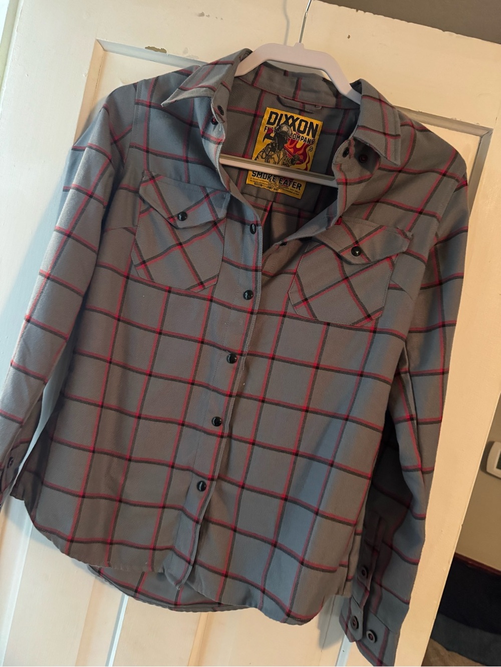 Dixxon Flannel Shirt Jacket in Gray with Red